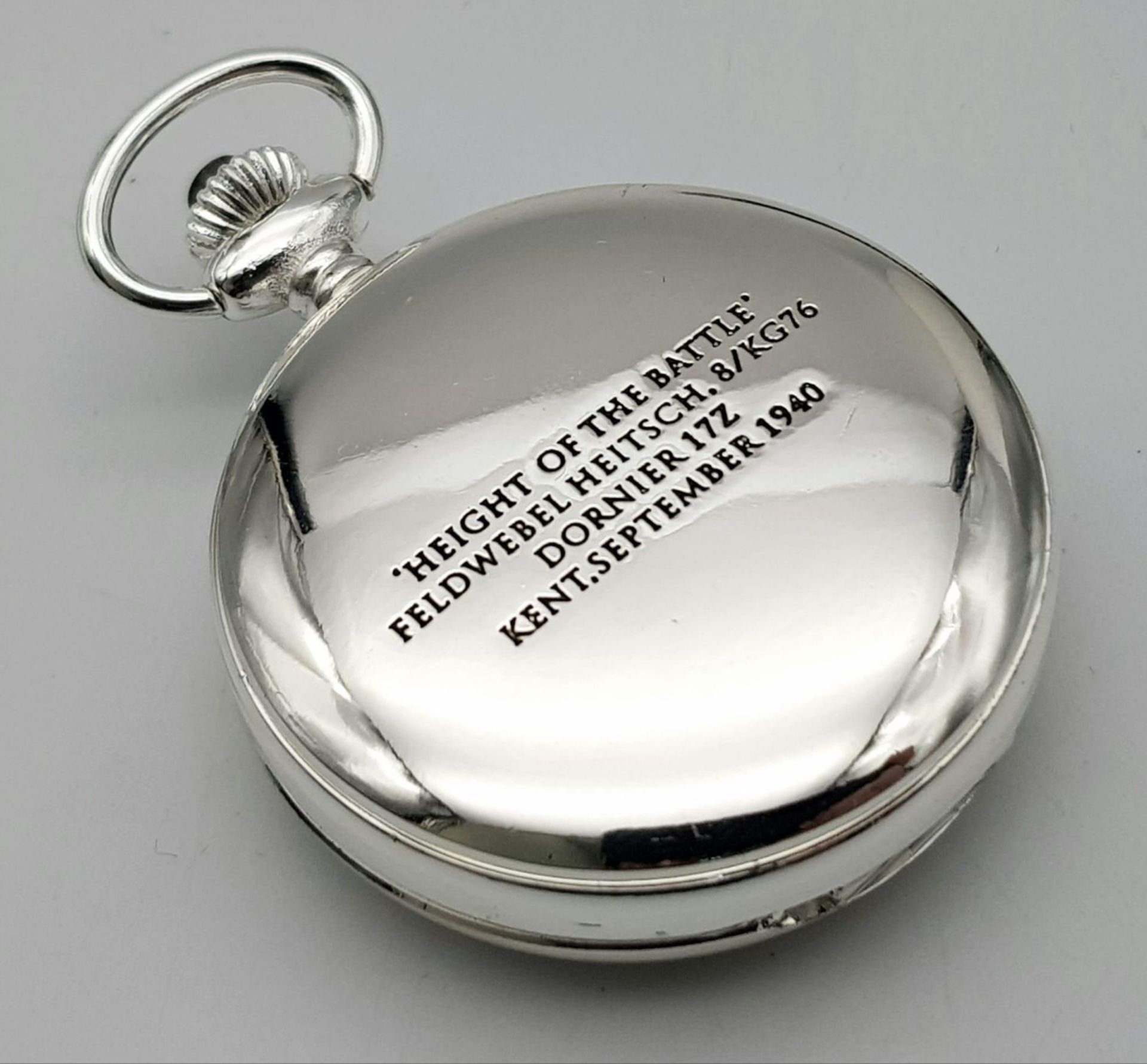 A Silver Tone, Manual Wind Pocket Watch Commemorating the WW2 German Pilot Feldwebel Heitsch in - Bild 9 aus 10