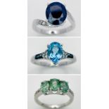 Three 925 Sterling Silver Gemstone Rings: Sapphire- Size P, Emerald - Size N and Topaz - Size S.