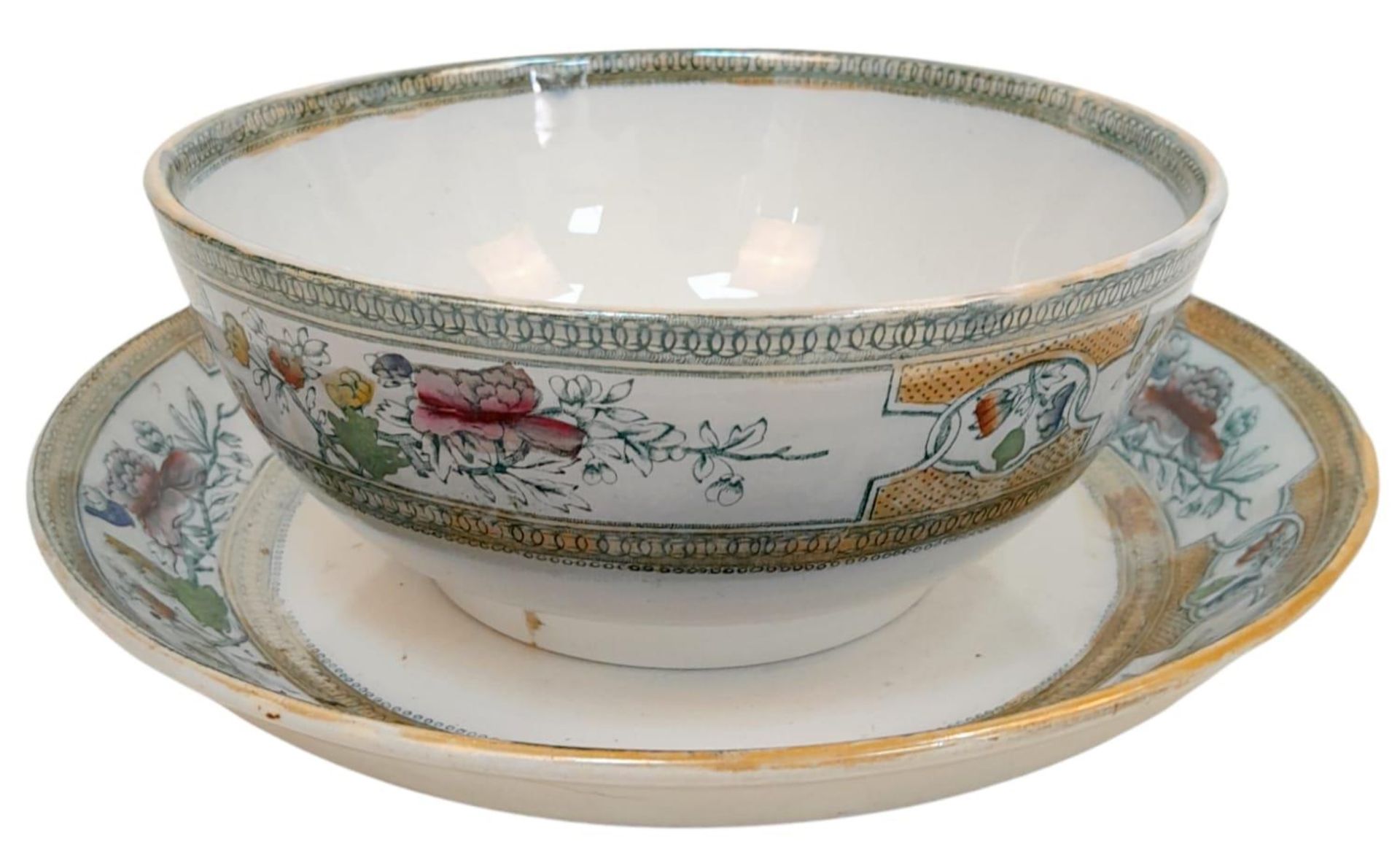 A LARGE BOWL AND PLATE MADE IN ENGLAND FOR THE KASHMIRI MARKET CIRCA 1920'S .