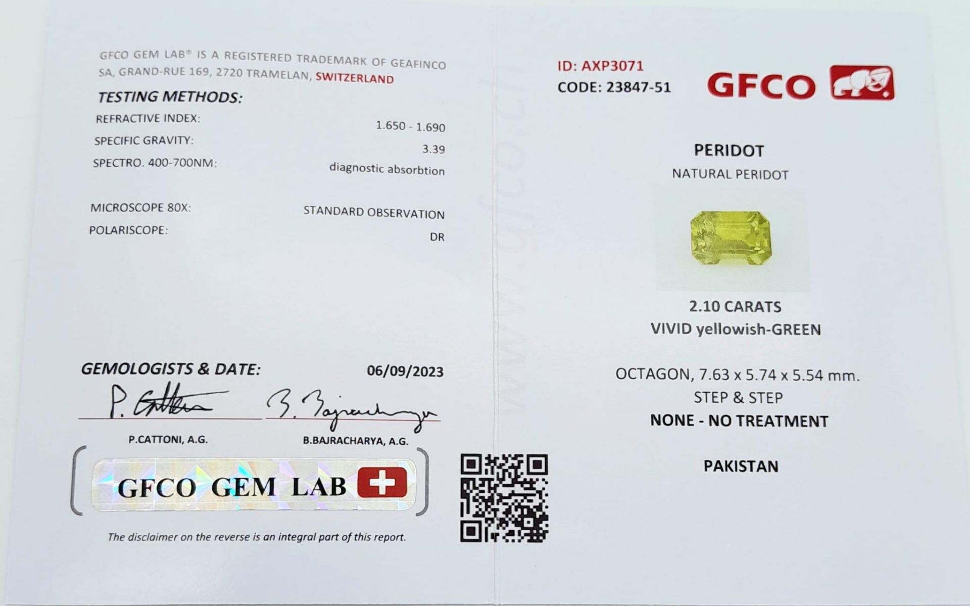 A 2.10ct Pakistan Natural Peridot Gemstone, Octagon shape. Comes with the GFCO Swiss Certificate. - Image 5 of 5