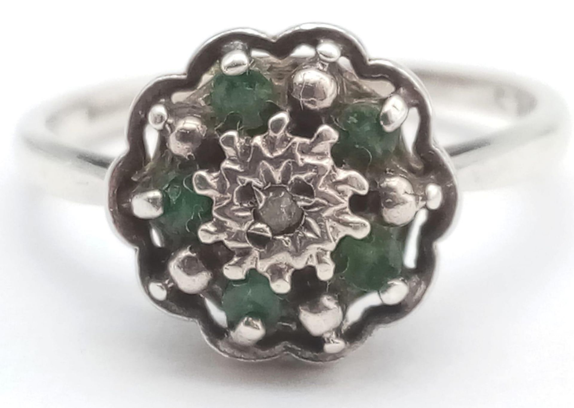 A vintage 14K white gold Emerald and Diamond floral cluster ring. Come with full Birmingham - Image 3 of 7