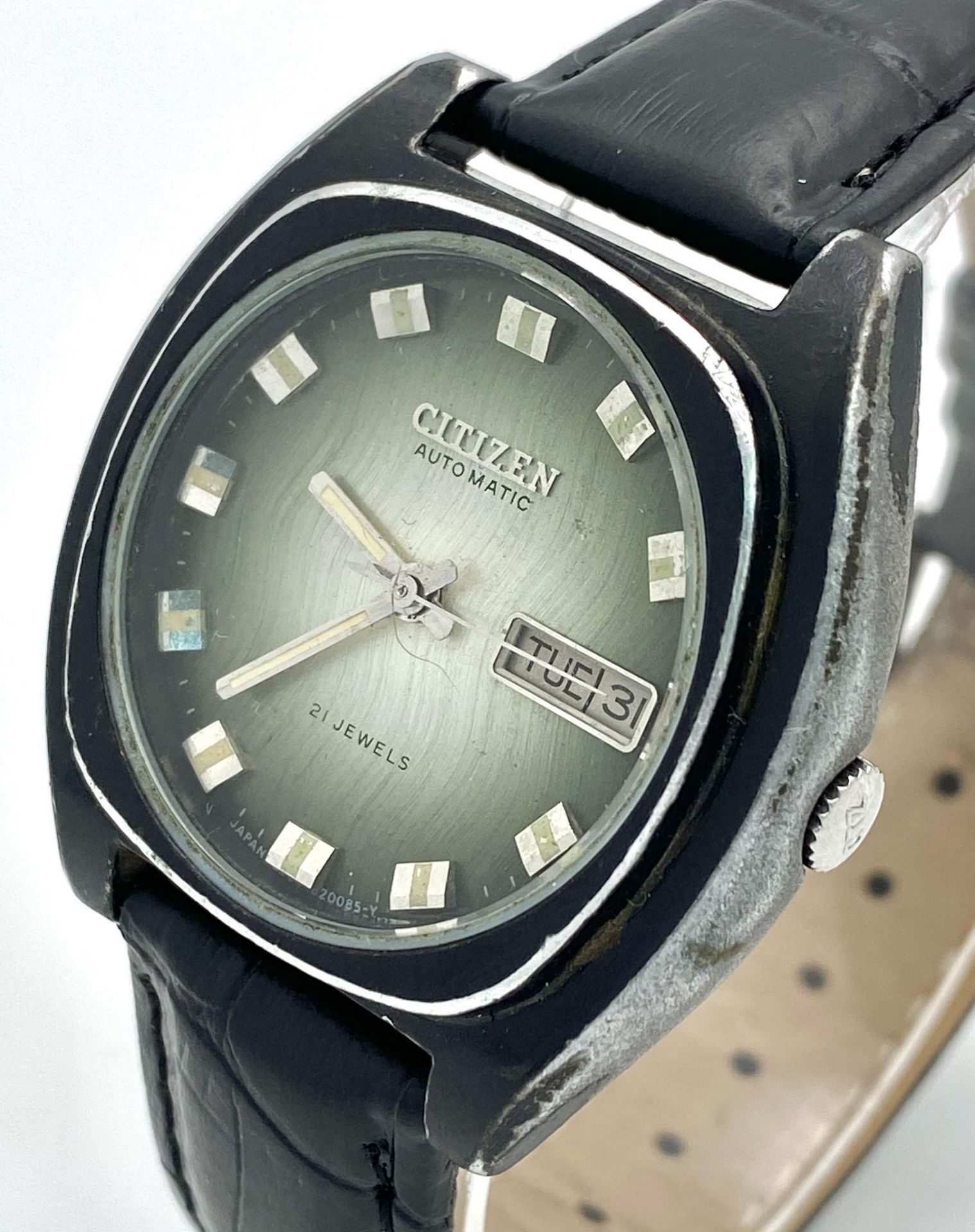 A Vintage Citizen 21 Jewels Automatic Gents Watch. Black leather strap. Black stainless steel case - - Bild 4 aus 7