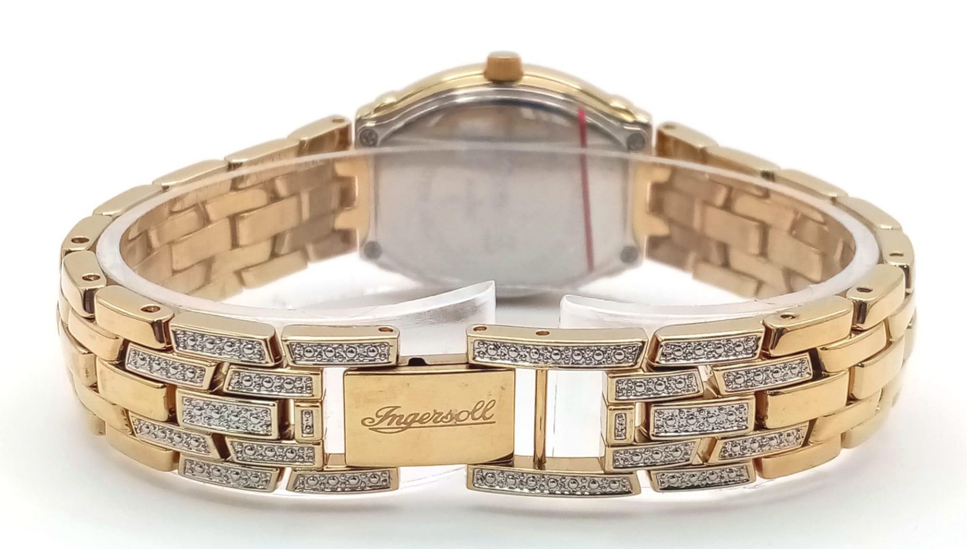 An Ingersoll Stone Set Quartz Ladies Watch. Gold plated bracelet and case - 25mm. White dial with - Bild 4 aus 6