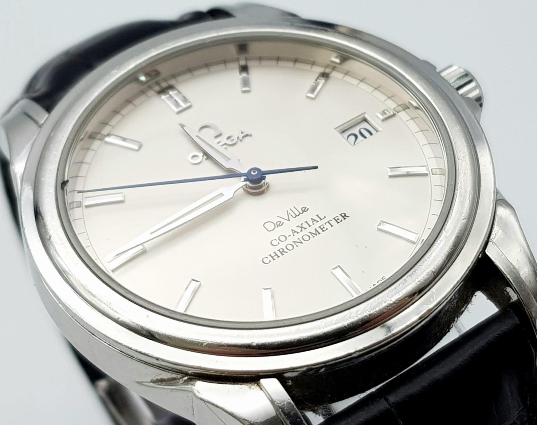 OMEGA DE VILLE CO AXIAL CHRONOMETER STAINLESS STEEL WATCH, WHITE FACE AND DIALS WITH BLACK LEATHER - Image 4 of 12