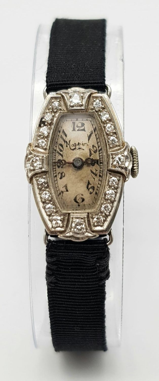 A 1920s Art Deco Mappin and Webb Platinum and Diamond Cocktail Ladies Watch. Original textile strap. - Bild 5 aus 8