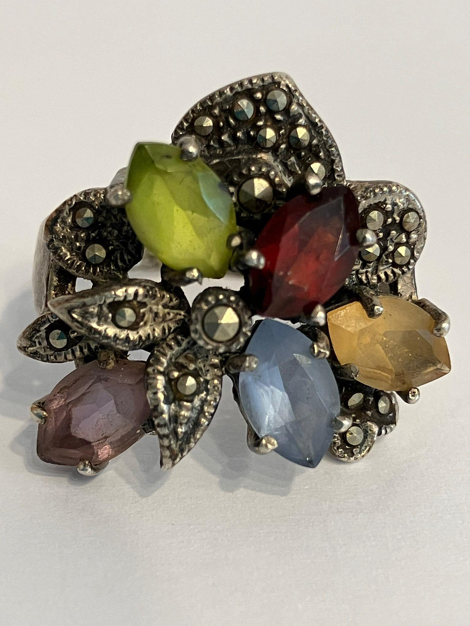 Stunning vintage GEMSTONE & MARCASITE SILVER RING set with Tanzanite, Topaz, Amethyst, Garnet, and