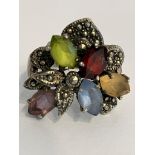 Stunning vintage GEMSTONE & MARCASITE SILVER RING set with Tanzanite, Topaz, Amethyst, Garnet, and