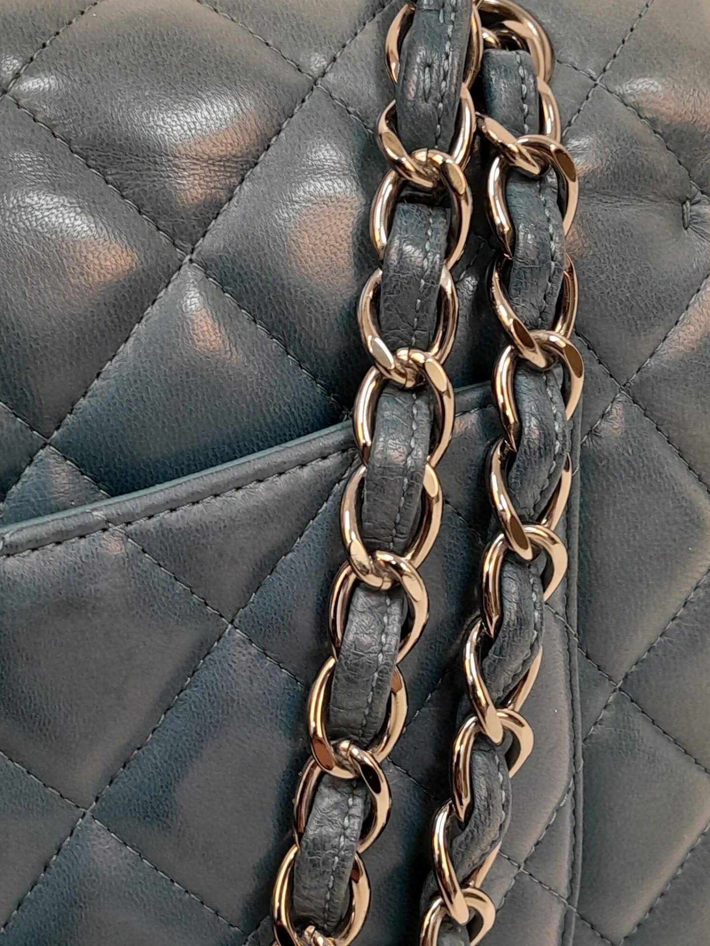 A Chanel Teal Jumbo Classic Double Flap Bag. Quilted leather exterior with silver-toned hardware, - Image 8 of 14