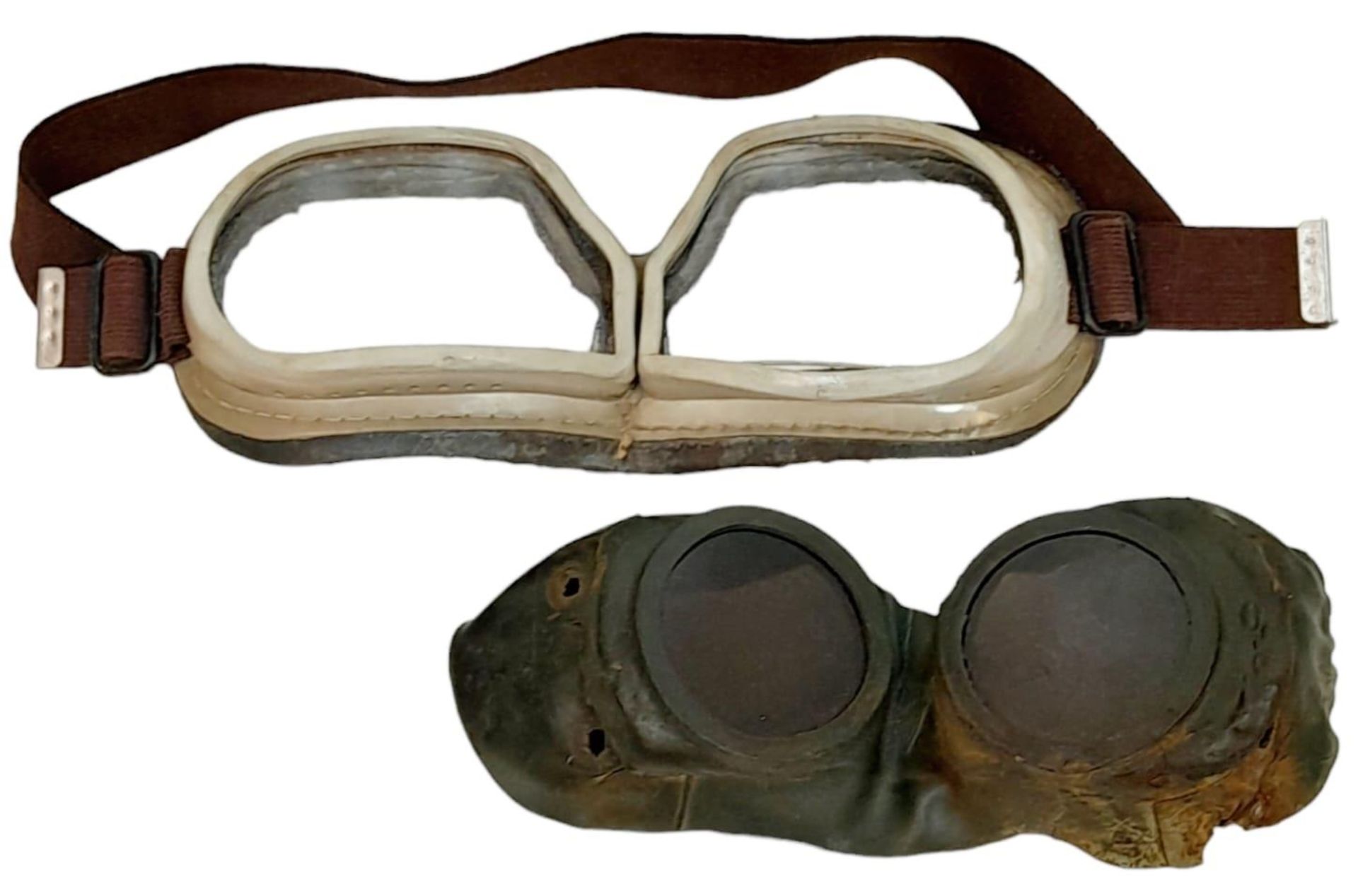 Two Pairs of Vintage Pilots/Tank Goggles. One Pair being molded and tinted presumably for night