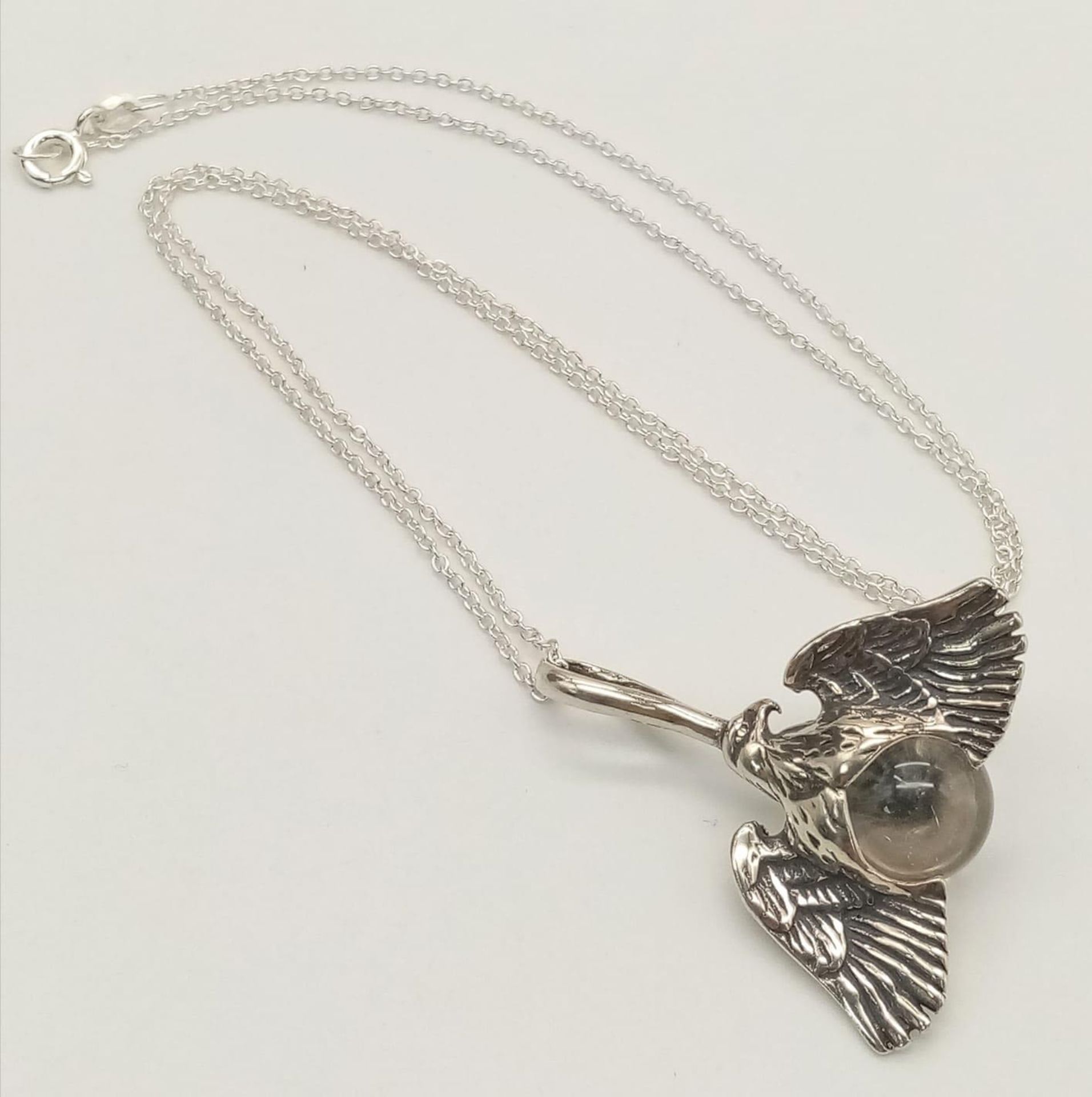 A Unique Sterling Silver Eagle and Crystal Ball Pendant Necklace. Sterling Silver Pendant Measures - Image 5 of 10