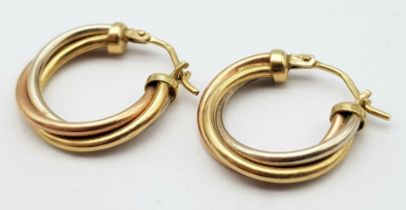 A 9 K tri-coloured gold pair of hoop earrings, length: 21 mm, weight: 2.5 g.