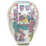 A Superb Antique Chinese Octagonal Famille Rose Canton Vase with Wonderfully Painted Court Scenes in