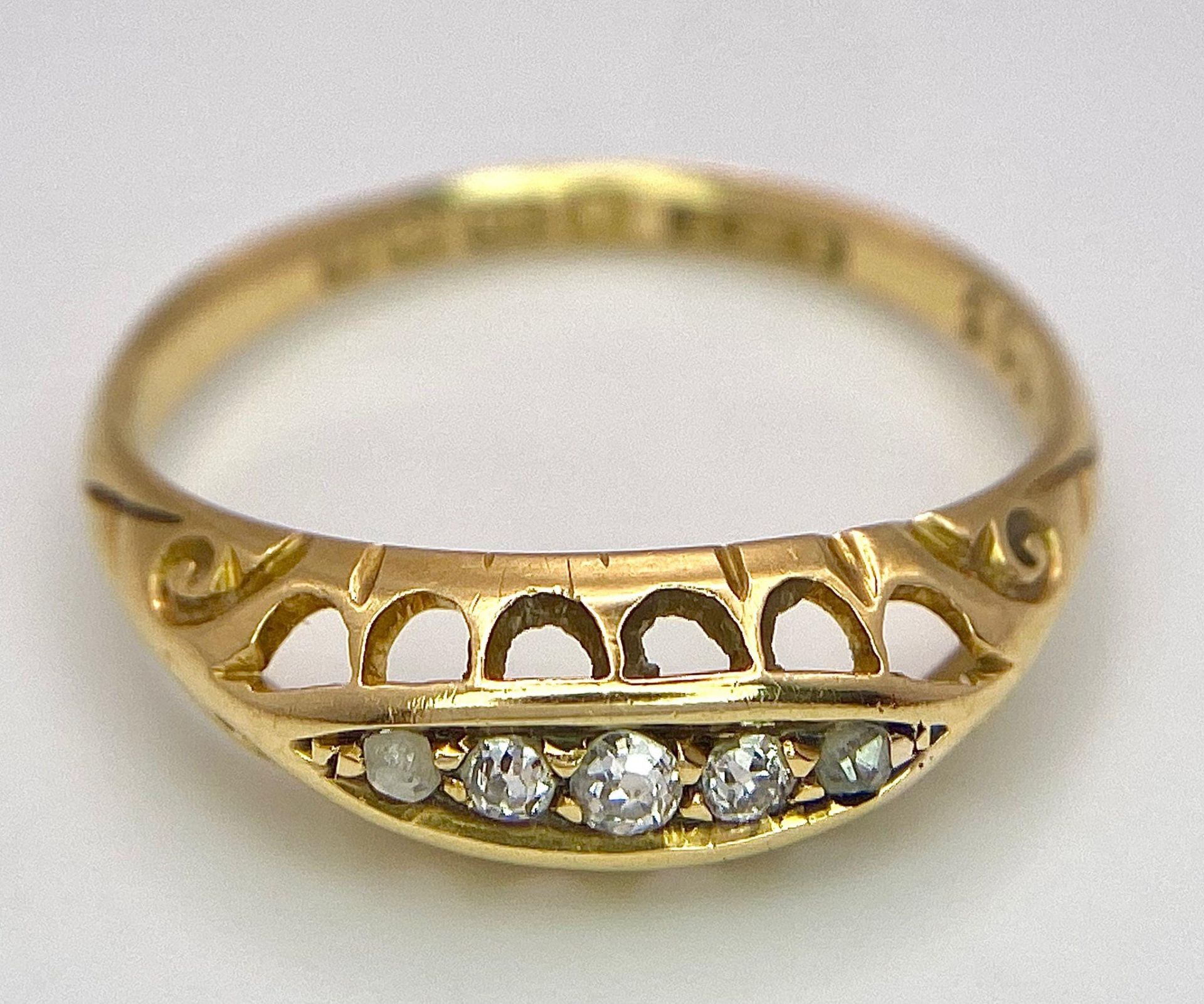 A Vintage 18K Yellow Gold Five Stone Diamond Ring. Full UK hallmarks. Size P. 2.5g total weight. - Image 4 of 8