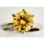 A sterling silver solitaire ring with a round cut yellow moissanite (2 carats), size: N1/2,