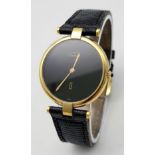 A Vintage (1980s) Must de Cartier Gold Plated Quartz Ladies Watch. Black leather strap. Gold