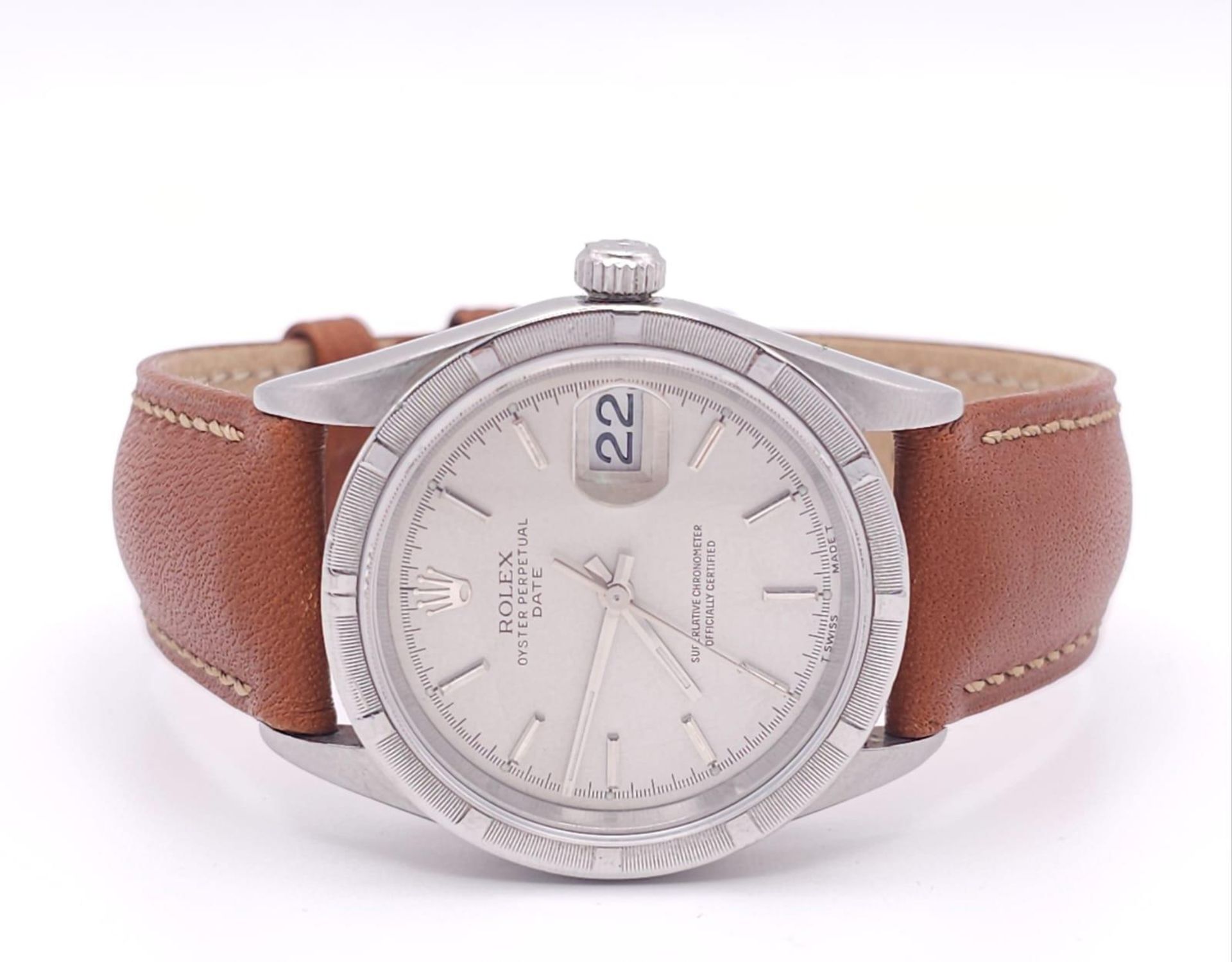 A Rolex Oyster Perpetual Date Automatic Gents Watch. Brown leather strap. Stainless steel case - - Image 3 of 9