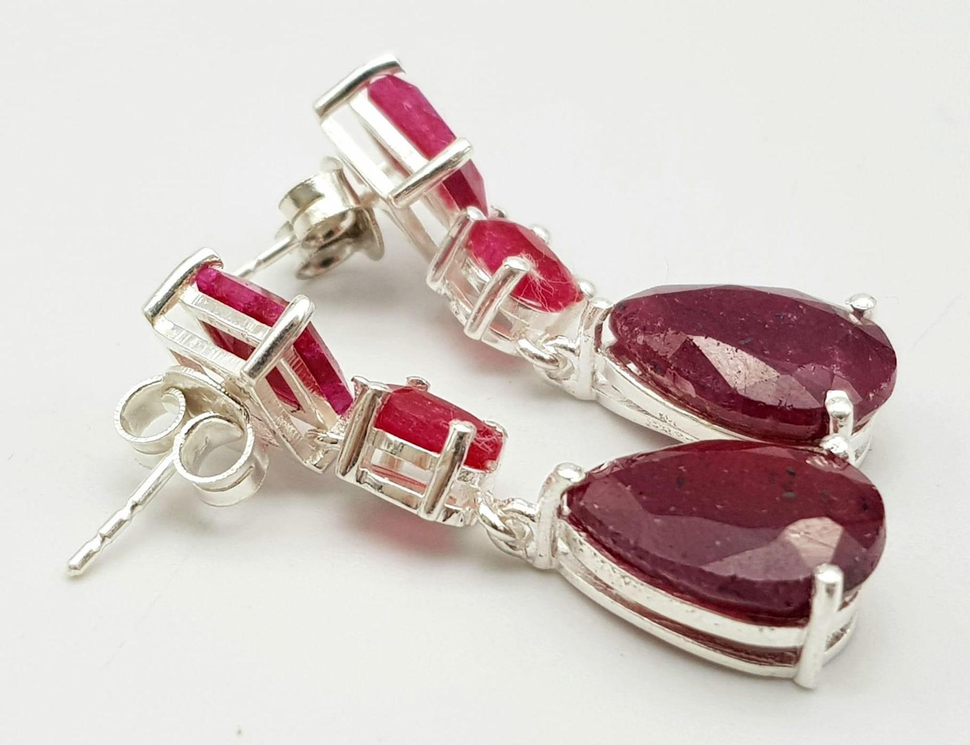 A Pair of Ruby Drop Earrings on 925 Silver. 3.7cm length, 8.94g total weight. Ref: CD- 1204 - Image 2 of 3