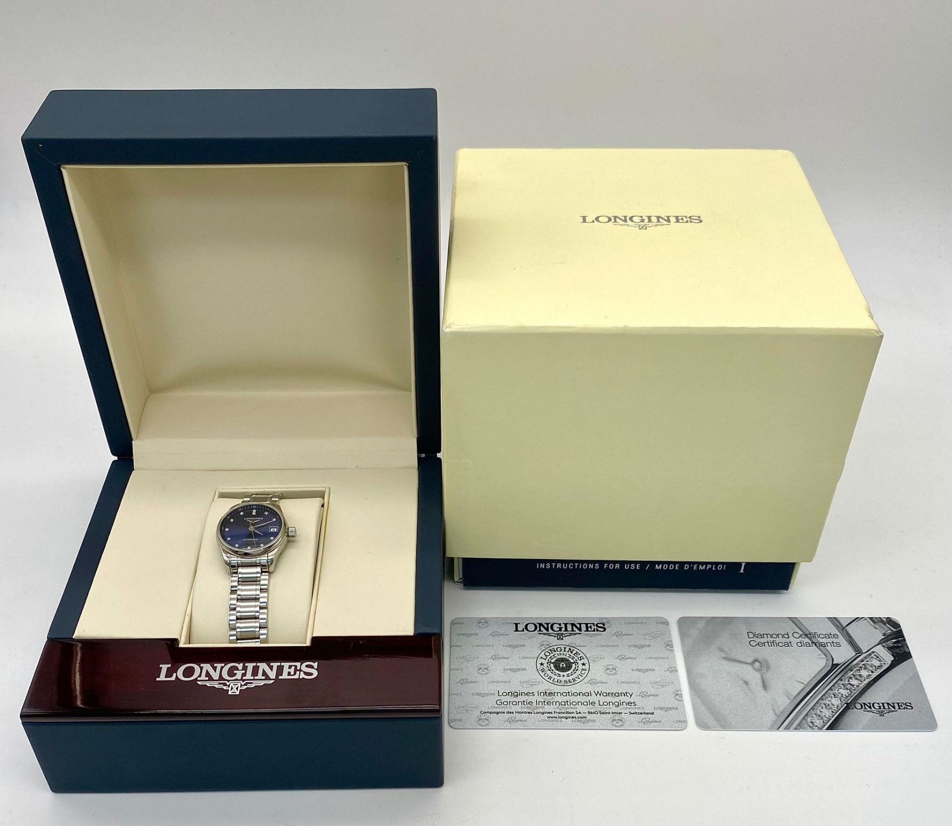 A Longines Automatic Diamond Ladies Watch. Stainless steel bracelet and case - 26mm. Electric blue - Image 12 of 12