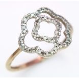 9K YELLOW GOLD DIAMOND SET OPEN FLOWER DESIGN RING, WEIGHT 1.1G SIZE O