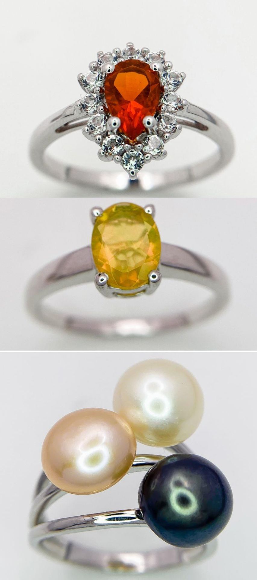 Three 925 Sterling Silver Gemstone Rings: Topaz - R, Cultured Pearl - Size P. Opal - Size R.