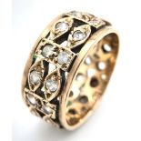 A Vintage 9K Diamond Band Ring. Two rows of old cut diamonds in oval and rectangular gold links.