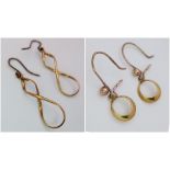 Two Different Pairs of 9K Yellow Gold Earrings - Figure 8 and Circle. 2g total weight.