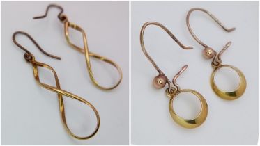 Two Different Pairs of 9K Yellow Gold Earrings - Figure 8 and Circle. 2g total weight.