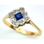 A VINTAGE 18K YELLOW GOLD, PLATINUM DIAMOND & SAPPHIRE RING. 3G. SIZE O.