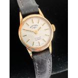 Ladies vintage 9 carat GOLD ROTARY WRISTWATCH. 17 Jewels, Incabloc Swiss Made. Quality black leather