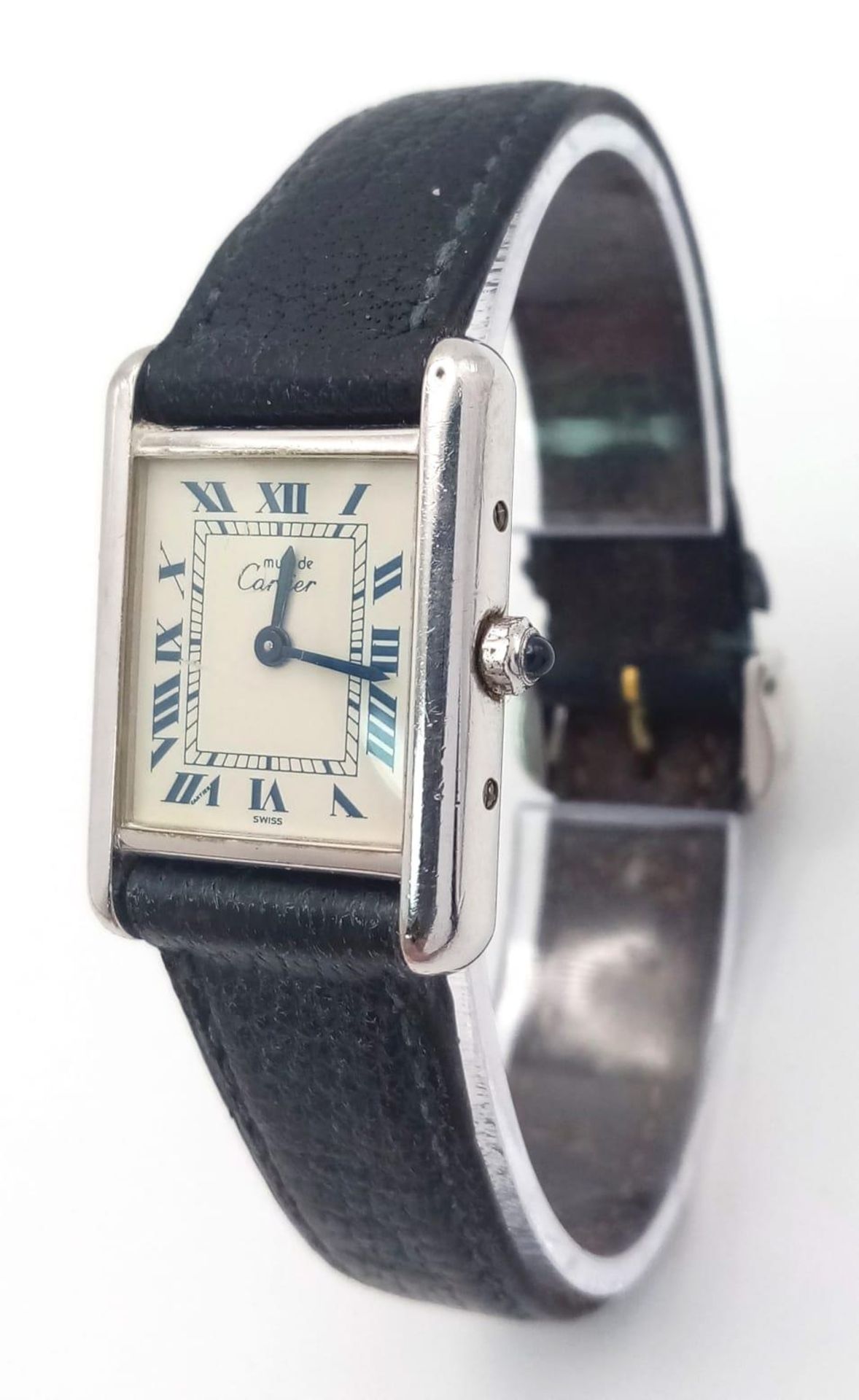 A Vintage Must de Cartier Tank Quartz Ladies Watch. Black leather strap. 925 silver case - 21mm. - Bild 2 aus 9