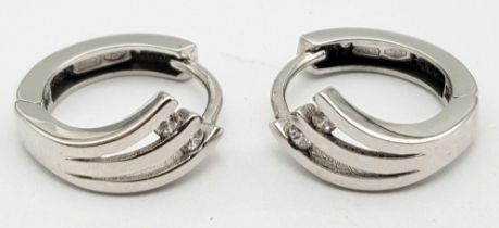 Pair of 18K White Gold CZ Mini Hoops earrings, 3.1g total weight