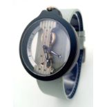 A VERTICALE unisex skeleton watch, black case 42 mm, original grey/blue leather strap (unused),