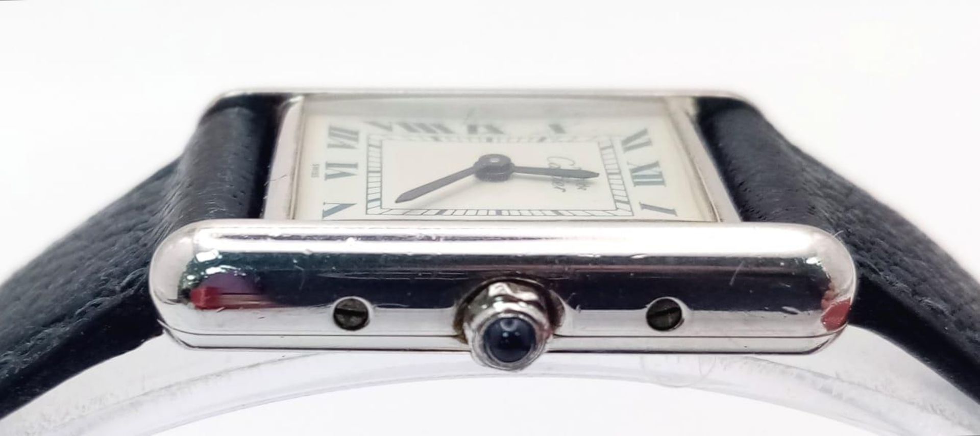 A Vintage Must de Cartier Tank Quartz Ladies Watch. Black leather strap. 925 silver case - 21mm. - Bild 6 aus 9