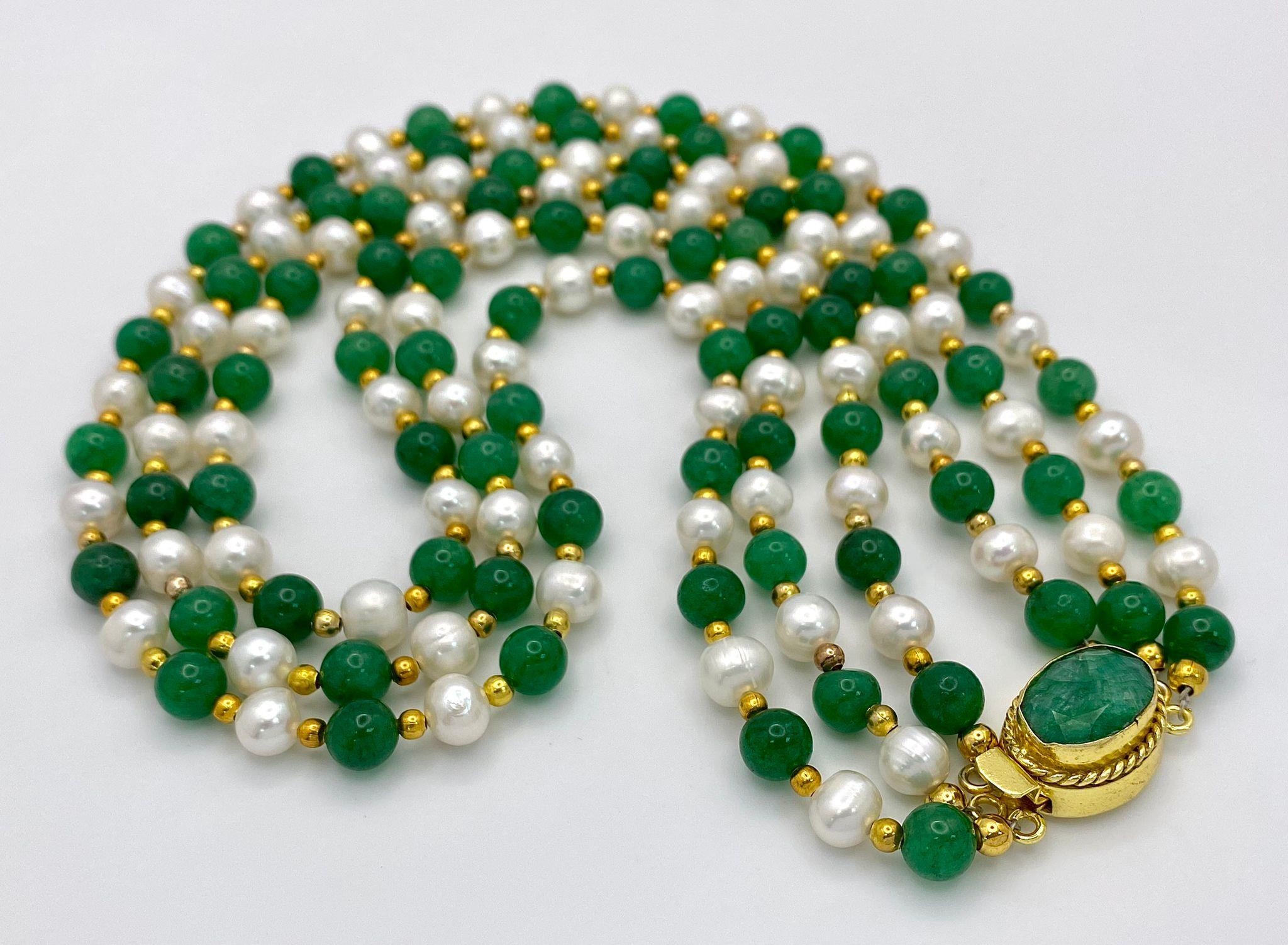 A stunning, three row necklace of alternating green jade and natural white pearls from South Pacific - Image 2 of 4