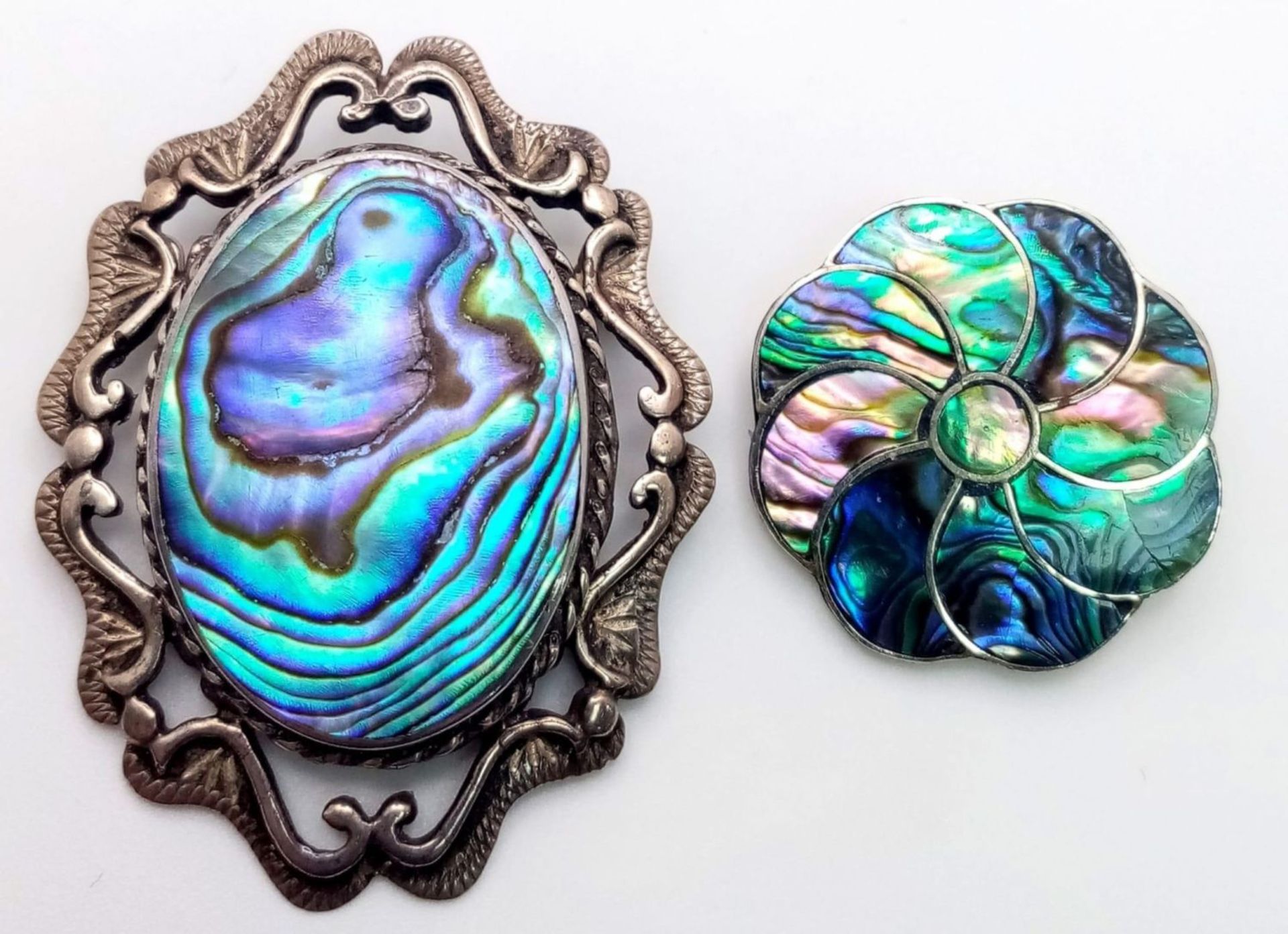 2X vintage silver Abalone inlay brooches include a Mexican flower and oval brooch. Total weight 19. - Image 3 of 8