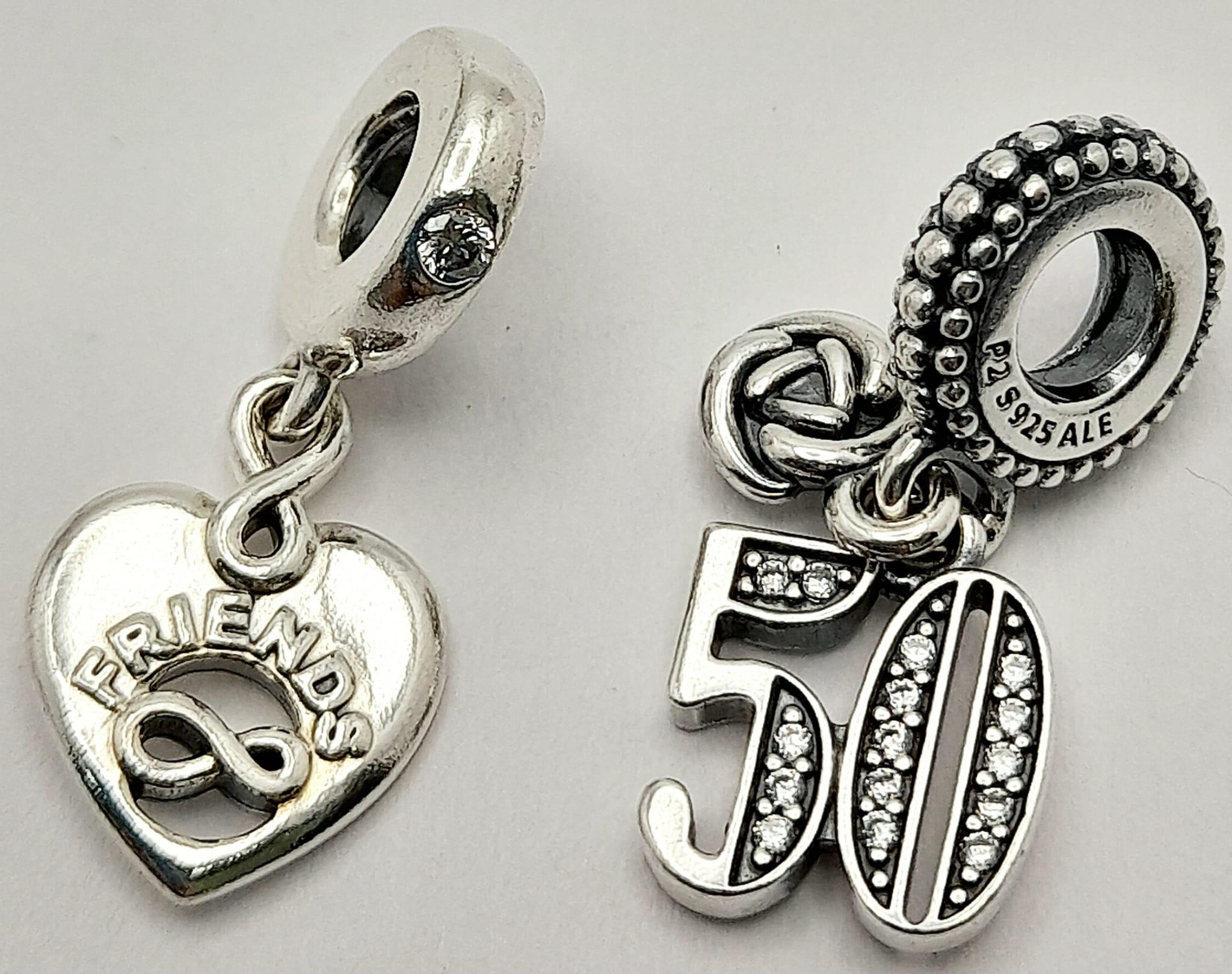 2X fancy Pandora 925 silver charms/pendants include a "Friend Forever" heart and a silver stone