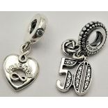 2X fancy Pandora 925 silver charms/pendants include a "Friend Forever" heart and a silver stone
