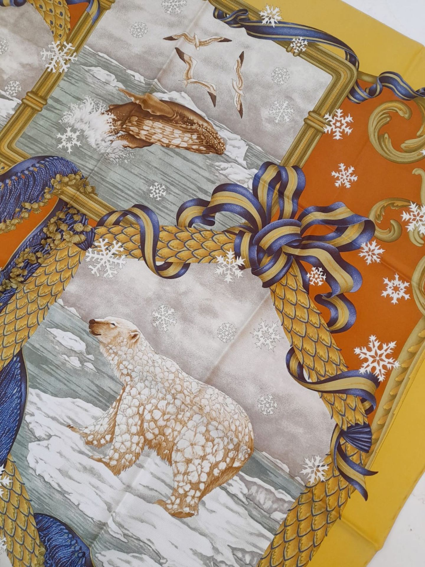 A Salvatore Ferragamo Arctic Themed Silk Scarf. Depicts penguins, whale, polar bear and Inuit. Comes - Bild 6 aus 8