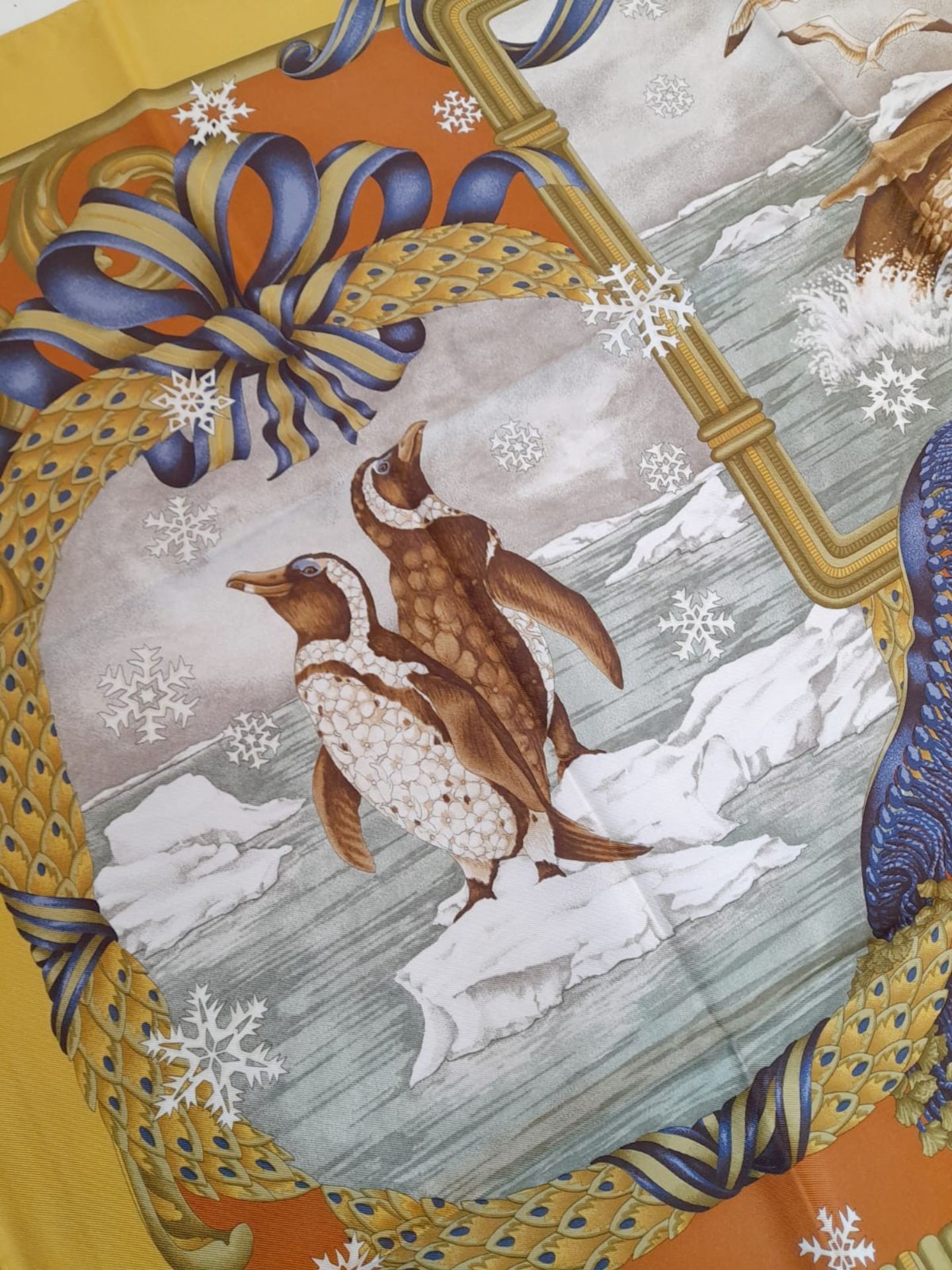 A Salvatore Ferragamo Arctic Themed Silk Scarf. Depicts penguins, whale, polar bear and Inuit. Comes - Bild 7 aus 8