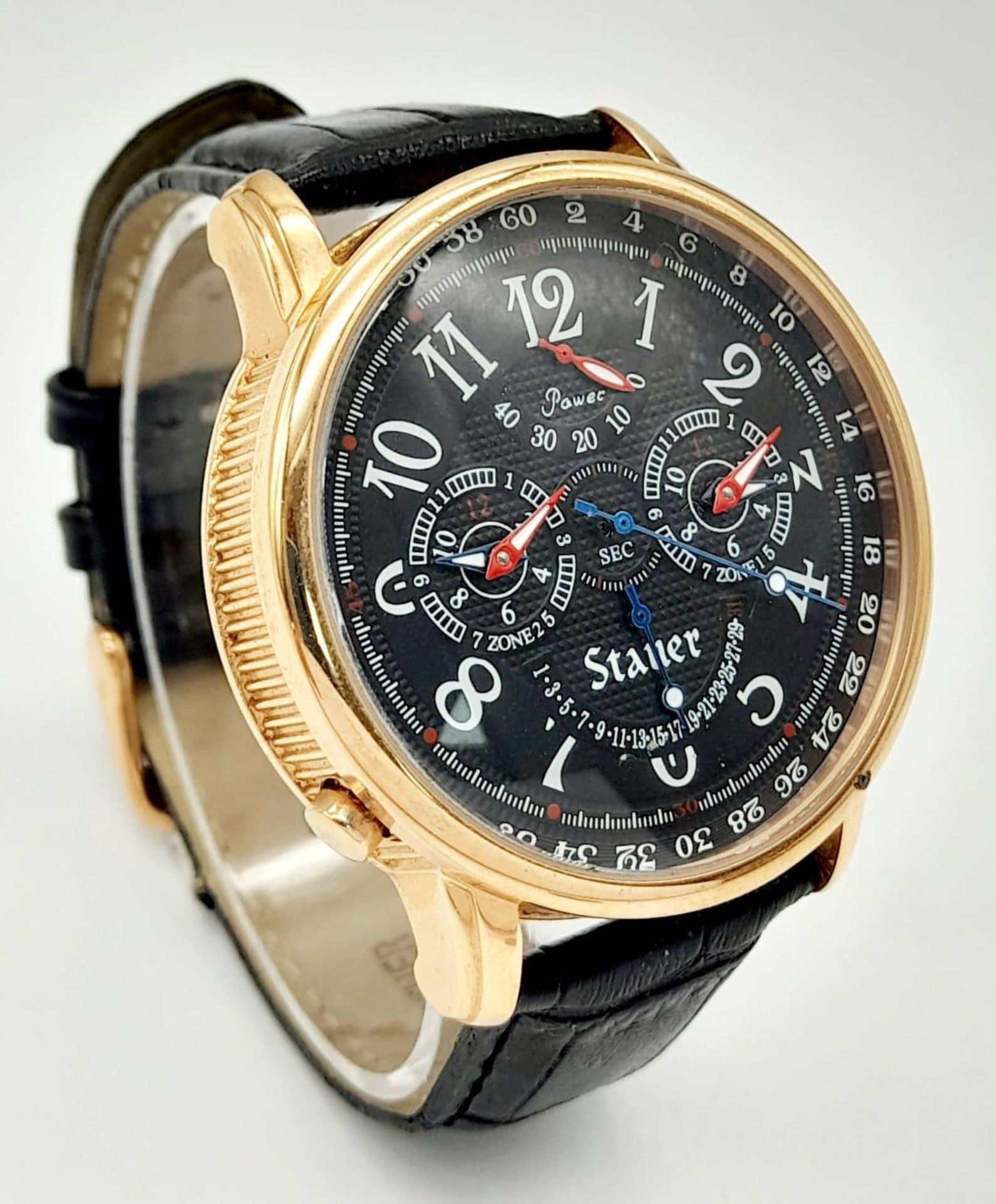 A Stauer Automatic Gents Watch. Black leather strap. Rose gold gilded case - 46mm. Black dial with - Bild 3 aus 15