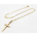 9k yellow gold cross pendant on 16" belcher chain, total weight 0.9g