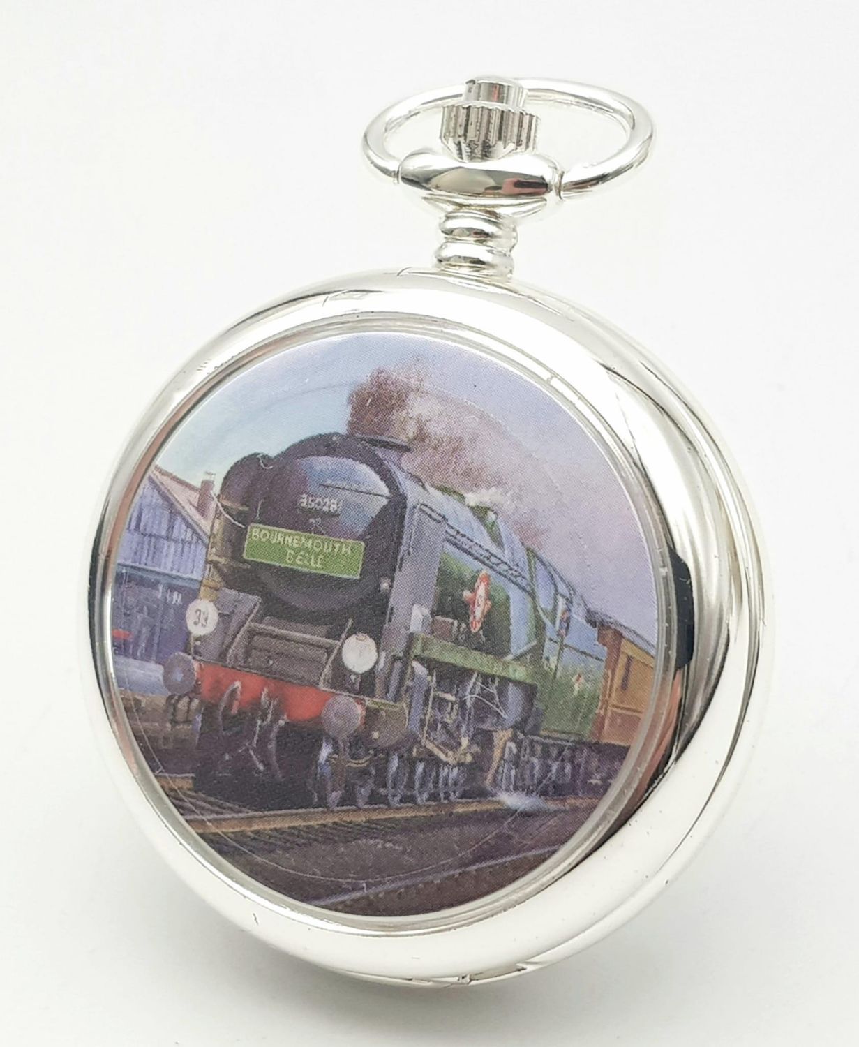 A Manual Wind Silver Plated Pocket Watch Detailing the Steam Train ‘Merchant Navy Class’, with - Image 3 of 10