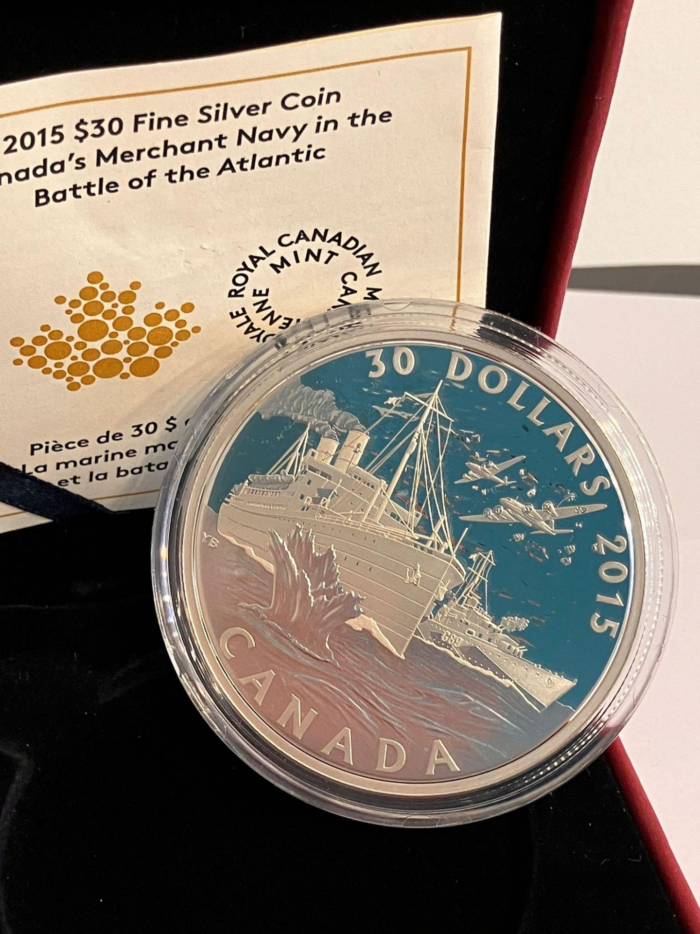2015 CANADA 30 DOLLAR SILVER COIN. Commemorating the Battle of the Atlantic. Issued by the