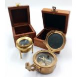 A Vintage Mariners Brass Compass and Stand in Their Own Wooden Boxes.