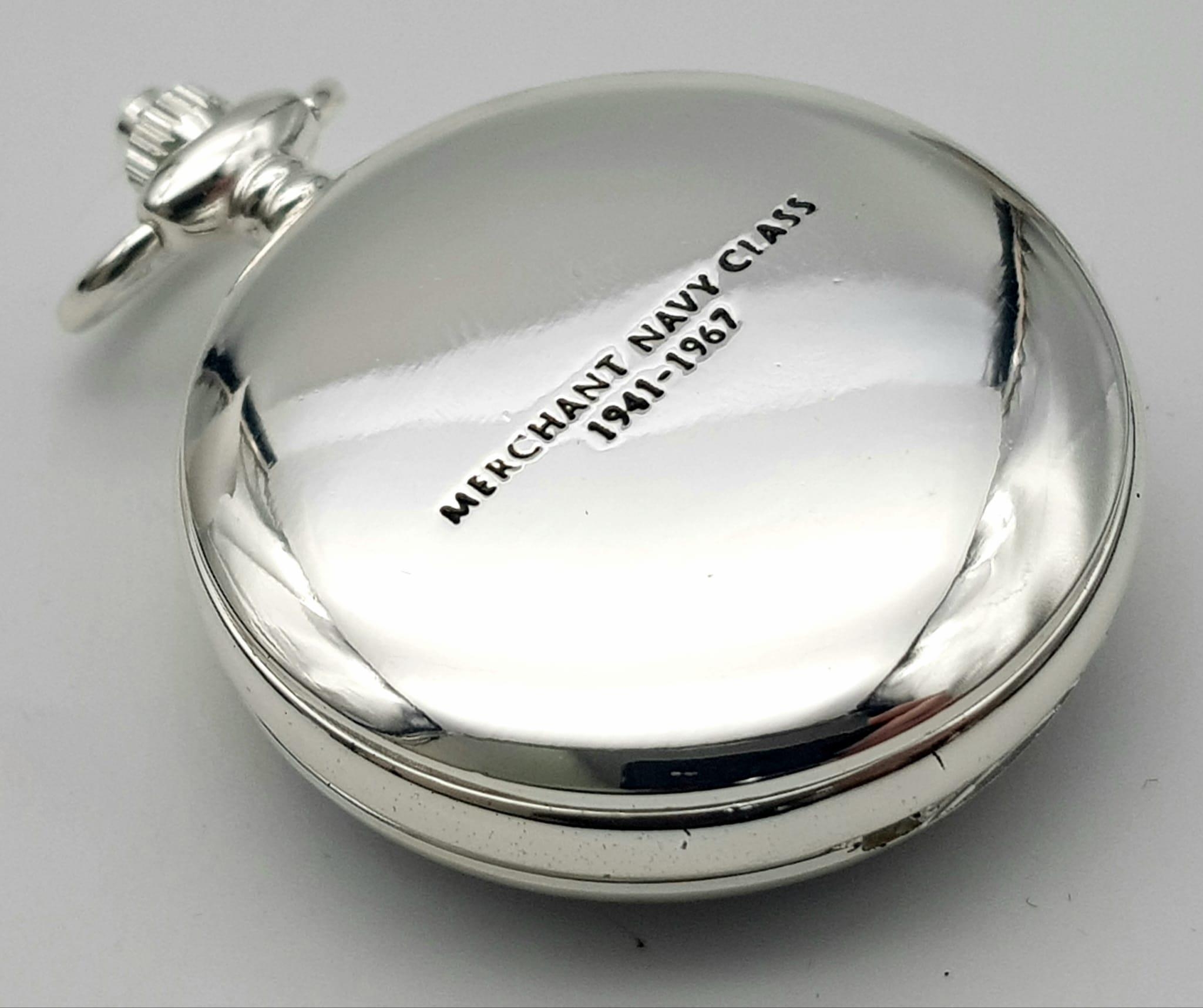 A Manual Wind Silver Plated Pocket Watch Detailing the Steam Train ‘Merchant Navy Class’, with - Image 6 of 10