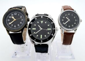 Three Unworn Military Homage Watches Comprising; 1) A 1970’s Design US Navy Diver Watch (45mm Case),