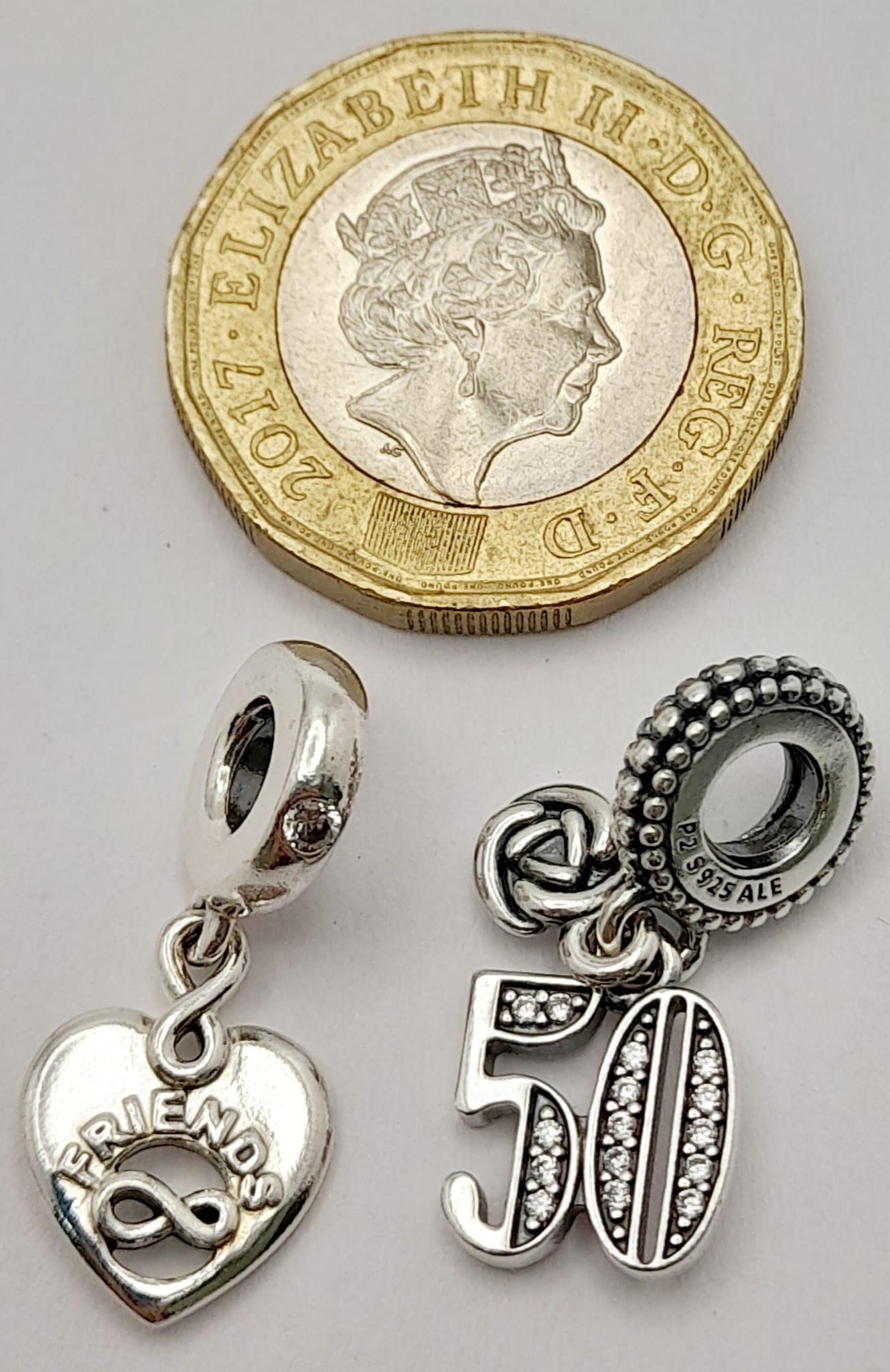 2X fancy Pandora 925 silver charms/pendants include a "Friend Forever" heart and a silver stone - Image 7 of 9