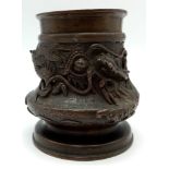 A Visually Stunning Antique Chinese Bronze Brush Pot - With wonderful flowing dragon decoration.