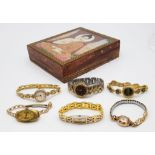 A Decorative Asian Themed Trinket Box with Six Vintage Ladies Quartz Watches - In need of batteries.