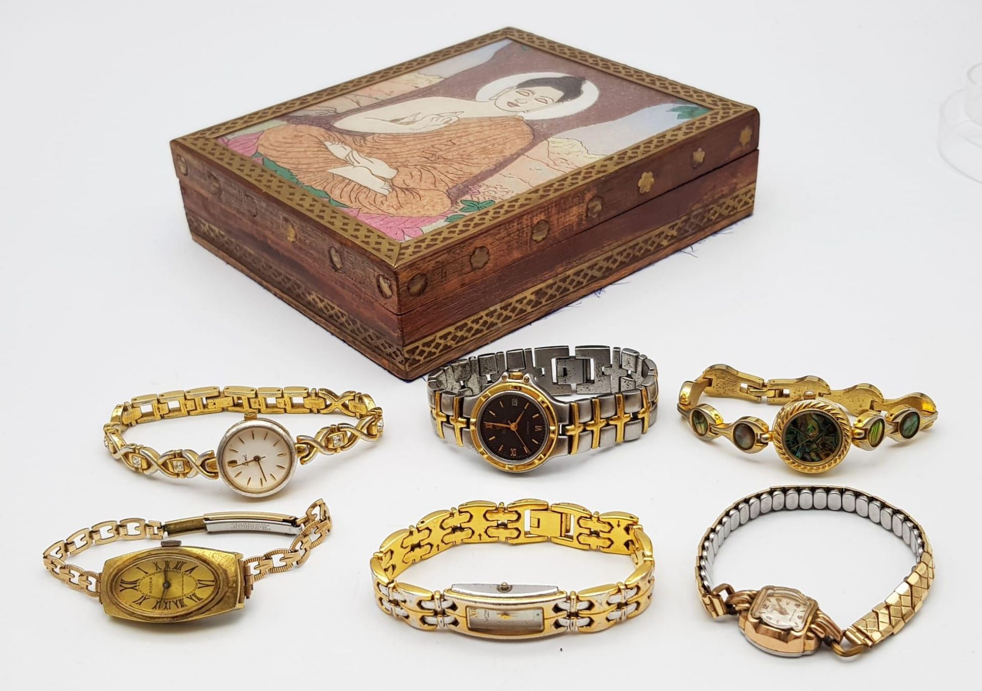 A Decorative Asian Themed Trinket Box with Six Vintage Ladies Quartz Watches - In need of batteries.